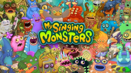 Arte clave para My Singing Monsters con todos los monstruos en pantalla para la lista de juegos móviles gratuitos