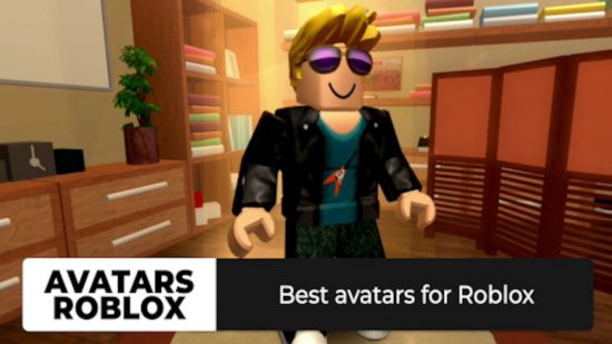 Games like Minecraft: A screenshot of a Roblox avatar with a blonde quiff, aviator sunglasses, a leather jacket, and black jeans. Below, text reads 'Avatars Roblox: Best avatars for Roblox'.