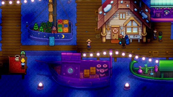 Games like Minecraft: A screenshot from Stardew Valley showing the pier at night, lit by dangling fairy lights. The sea is a dark blue.