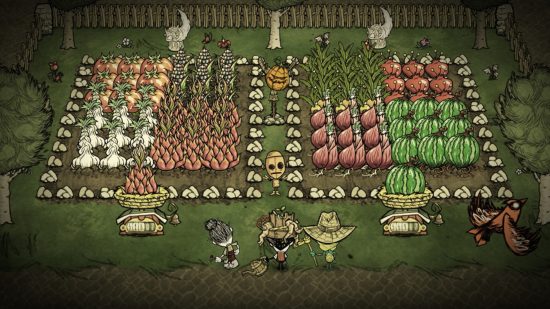 Games like Minecraft: A screenshot of a creepy looking farm in Don't Starve Together.