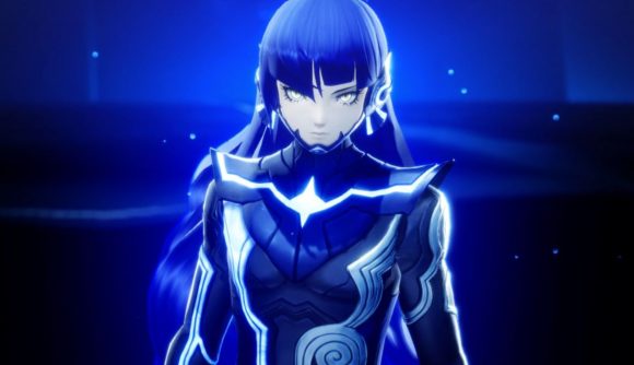 Games like Pokemon: A screenshot from Shin Megami Tensei V featuring a glowing blue character staring down the camera.