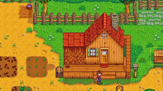 Games like The Sims: A screenshot from Stardew Valley featuring a wooden lodge.