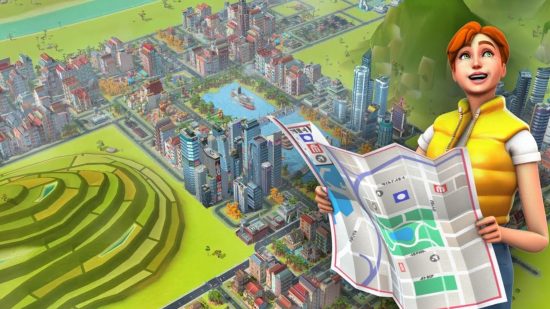 Games like The Sims: A screenshot from SimCity BuildIt showing a cityscape and a ginger woman holding a large map and smiling.