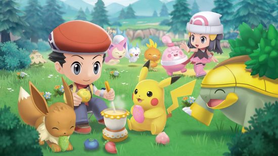 Gen 4 Pokémon: key art from Brilliant Diamond and Shining Pearl shows two trainers interacting with Pokémon outside in the world, having a picnic with Eevee and Pikachu