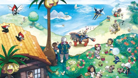 Gen 7 Pokemon: key art from Pokemon Sun and Moon shows several characters outside interacting with multiple pokemon