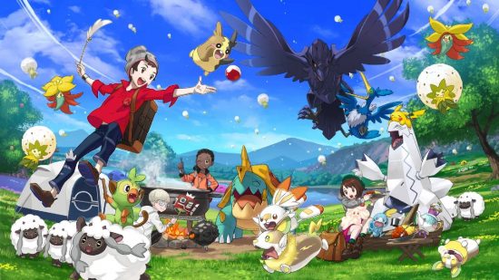 Gen 8 Pokemon: key art for Pokemon Sword and Shield shows a trainer playing outside with many Pokemon