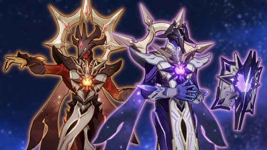 Genshin Impact Eide: Two Abyss Lectors, one pyro and one electro, pasted onto a galaxy baclkground, with their outlines matching their element.