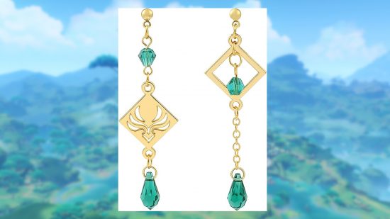 Genshin Impact merch: A pair of gold dangling earrings with teal glass beads and the anemo vision symbol cut out of one.