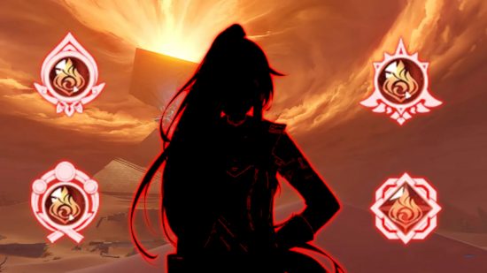 Genshin Impact Murata: A blacked out silhouette of Honkai's Murata Himeko with a red outline, pasted onto a screenshot of the Sumeru desert with an orange sky. Four pyro visions surround the silhouette, one from each region revealed so far.