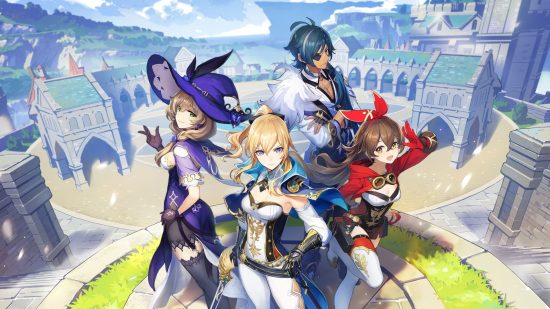 Genshin Impact player spending header image showing a bunch of fantastical characters stood in front of ornate arched buildings. One is like a purple witch, another a fur covered fella, another like a corsetted red riding hood, and in the middle is a blonde ponytailed woman.