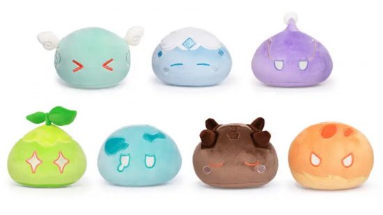Genshin Impact merch: Seven Genshin slime plushies, one for each element. The top row is anemo, cryo, and purple electro. The bottom row is dendro, hydro, geo, and pyro.