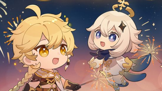 Genshin Impact Traveler: Aether and Paimon looking wide eyed at something in the sky while Aether holds a sparkler.
