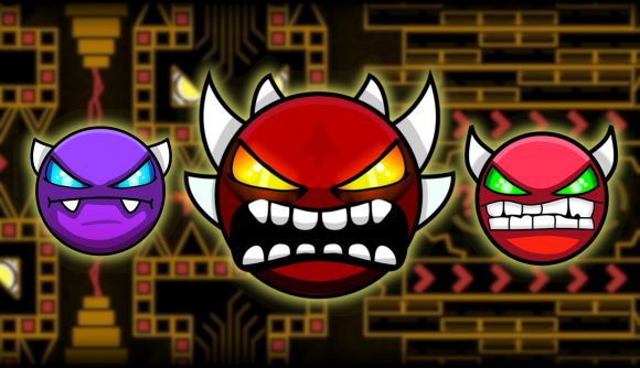 Geometry Dash Demonlist: The icons for Easy Demon, Extreme Demon, and Demon outlined in pale yellow and overlayed on a blurred Demonlist level screenshot.