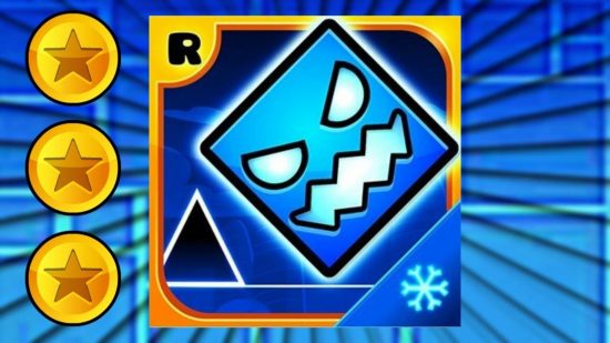 Geometry Dash SubZero: The Geometry Dash SubZero app logo pasted on a blue background with diagonal lines coming from the centre. Three gold coins are to the left og the app image.