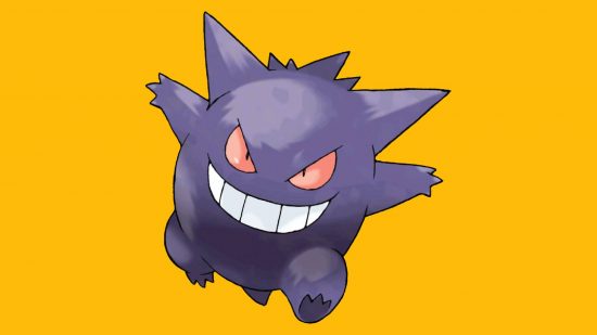 Ghost Pokemon: an illustration shows the purple ghost Pokémon Gengar, running forward with a sinister grin. Gengar is placed against a yellow background