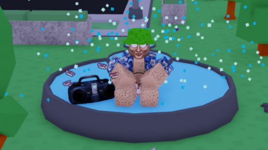 Goofy Stands codes - a Roblox character sat in a pool next to a stereo playing music