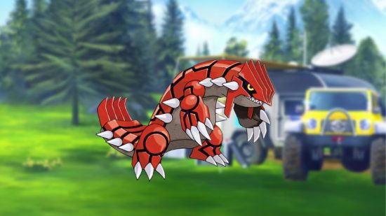 ground Pokémon Groudon in front of a research station
