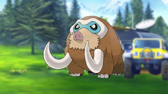 ground Pokémon Mamoswine in front of a research station