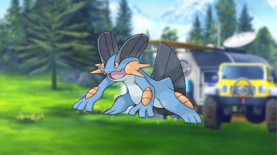 ground Pokémon Swampert in front of a research station