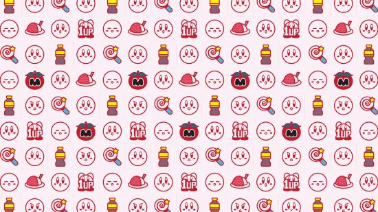Kirby wallpapers: A tiled repeating Kirby pattern on a super pale pink background. The tiles include various Kirby emojis in a dark pink line art, Metamatos, curry rice, drinks bottles, and lollipops.