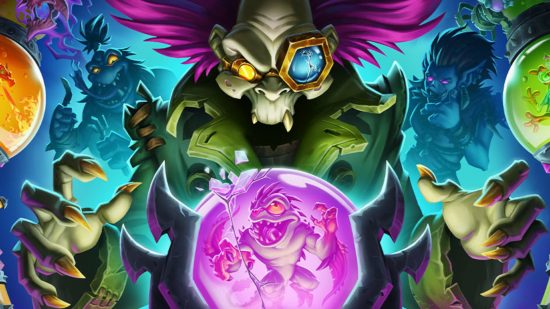 Hearthstone Battlegrounds Season three: Key art of Professor Putricide looking into a purple crystal ball, surrounded by minions.