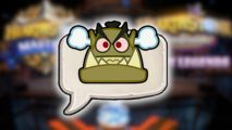 Hearthstone esports: A Battlegrounds emote of an angry orc with steam coming out of its ears pasted onto a blurred background image of the Hearthstone trophy and the two tournament logos.