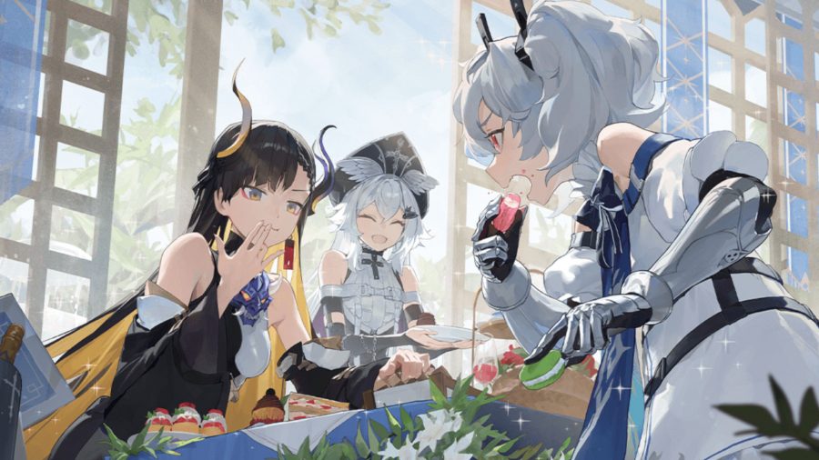 Higan Eruthyll release date - three characters eating cake together