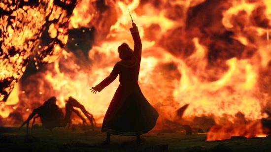 A witch casting flames as she embraces the Hogwarts Legacy Dark Arts