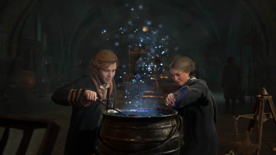 Two students in a classroom brewing some Hogwarts Legacy potions