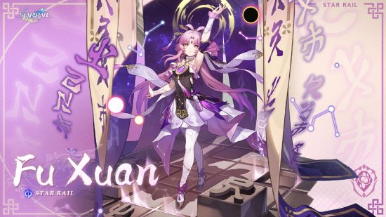 Honkai Star Rail character Fu Xuan with her arm raised into the air against a purple background