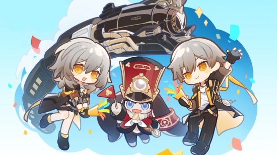 Honkai Star Rail events - chibi versions of the two Trailblazers and Pom in front of the Astral Express