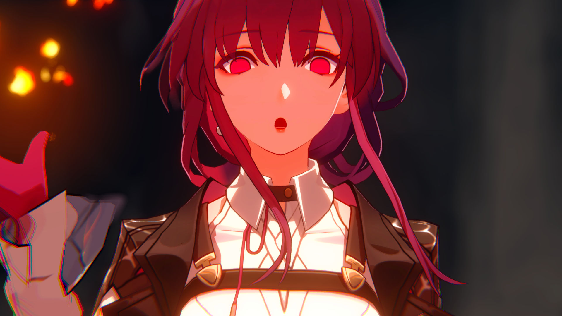Honkai Star Rail's Kafka with a shocked look on her face and a red light shining on her