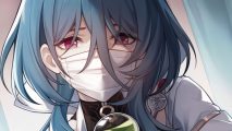 Honkai Star Rail Natasha: Natasha wearing a white face mask looking teary-eyed, with her blue hair falling in front of her red eyes.