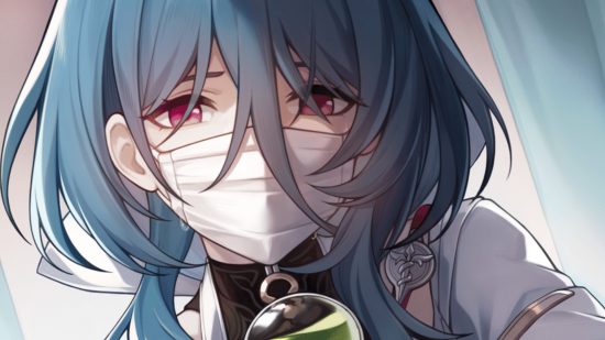 Honkai Star Rail Natasha: Natasha na sebe bielu masku na tvár, ktorá vyzerá slzne očami, s modrými vlasmi pred jej červenými očami