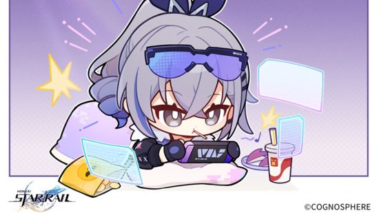 Chibi art of Honkai Star Rail Silver Wolf playing on a Switch-style handheld console on a pillow and blanket with snacks around her.