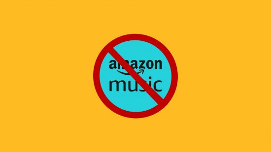 The Amazon Music logo behind a no entry sign on a yellow background