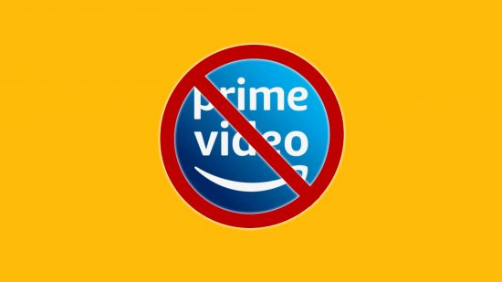 How to cancel Amazon Prime: The Amazon Prime Video logo is visible, though it is covered by a large red circle with a line through it. This is all against a yellow background