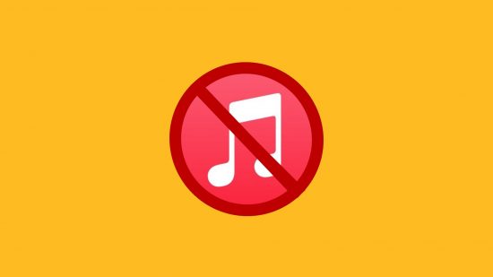 The Apple Music logo behind a no entry sign on a yellow background