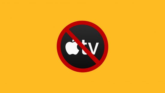 The Apple TV logo behind a no entry symbol on a yellow background