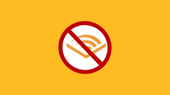 The Audible logo behind a no entry sign on a yellow background