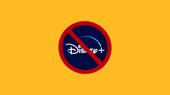 The Disney Plus logo behind a no entry symbol on a yellow background