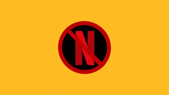 The Netflix symbol behind a no enter sign on a yellow background