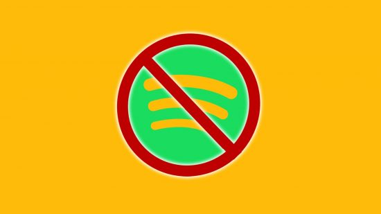 How to cancel Spotify: The Spotify logo is visible with alarge red circle around it, and posited agaionst a yellow background