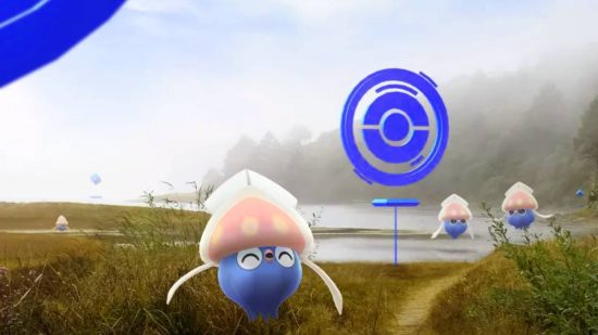 How to evolve Inkay: key art from Pokemon Go shows several Inkay in a field by a pokestop