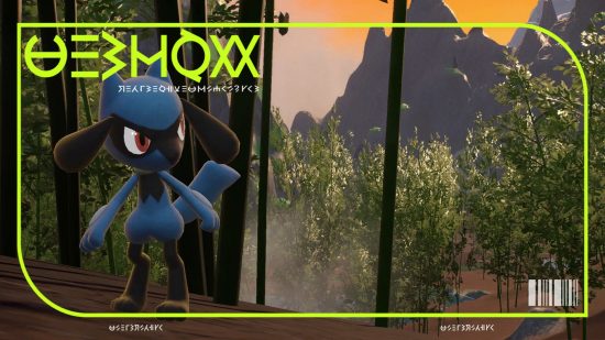 How to evolve Riolu: A screebshot from Pokemon Scarlet of the cover image for Riolu's Pokedex entry, showing a Riolu in a landscape filled with trees, looking over its shoulder.