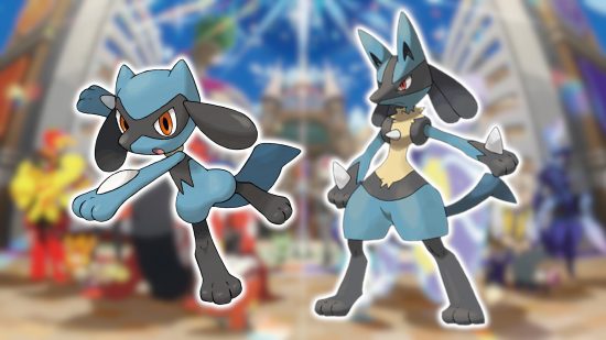 How to evolve Riolu: Riolu and Lucario's official Pokedex art, both with solid white outlines, superimposed on a blurred promotional image for Pokemon Scarlet and Violet.