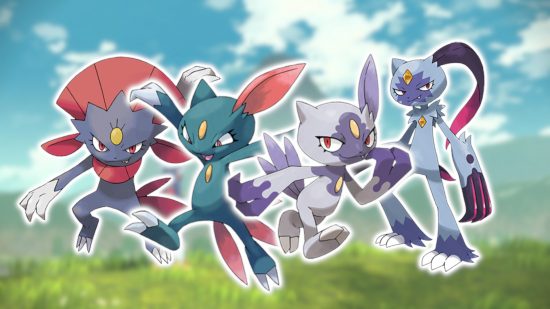How to evolve Sneasel: Pokedex images of (from left to right) Weavile, Johto Sneasel, Hisuian Sneasel, and Sneasler, all with solid white outlines, superimposed on a blurred image from Pokemon Legends Arceus of Mount Coronet.