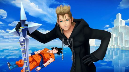 Kingdom Hearts Demyx leaning on his sitar and smiling with Goku passed out in the background