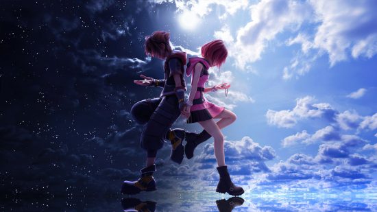 Kingdom Heatys wallpaper showing Kairi and Sora back to back on a split day and night background