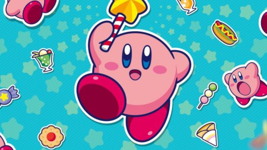 Kirby wallpaper: A close-up of a Kirby birthday wallpaper featuring the pink guy himself smiling and holding up a wand on a blue and teal background. He's surrounded by food and other Kirbies.